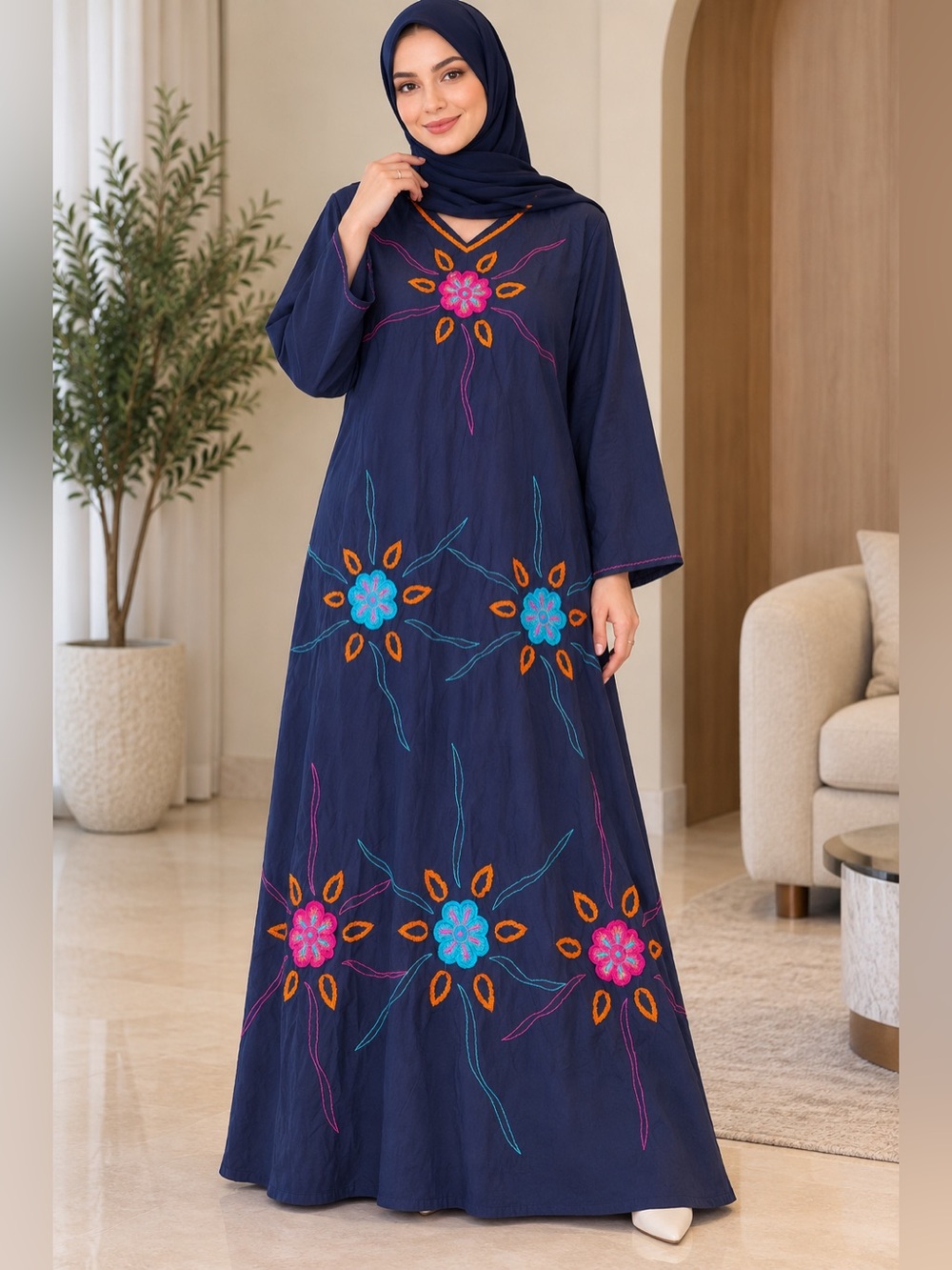 Navy Embroidered Floral Maxi Dress galabiya